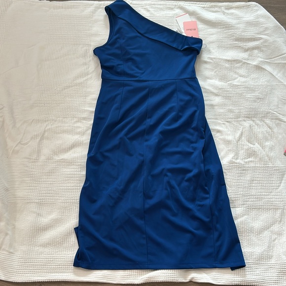 JJs House Pleated One Shoulder Sheath/Column Asymmetrical Cocktail Dress Blue - Picture 15 of 16